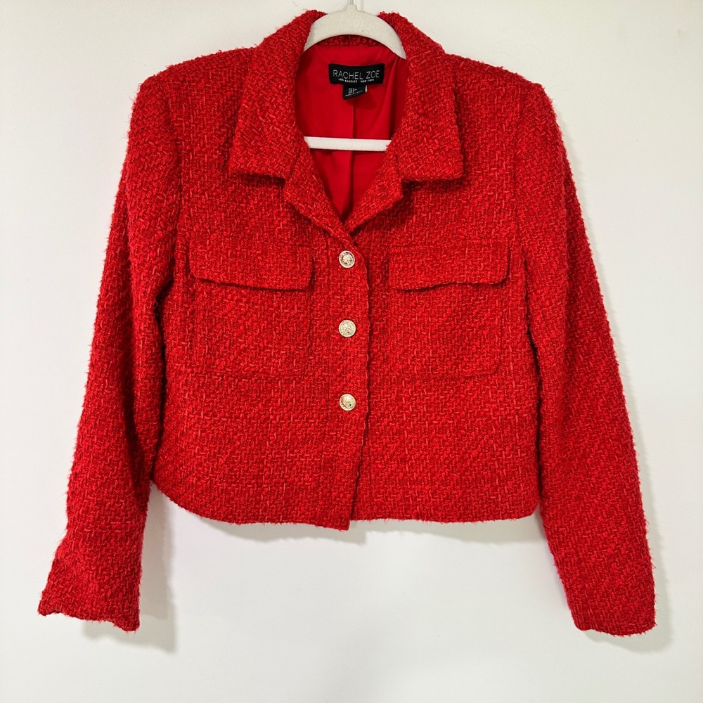 Rachel Zoe Red Tweed Boucle Jacket Womens Small Gold Buttons Cropped Blazer Wool